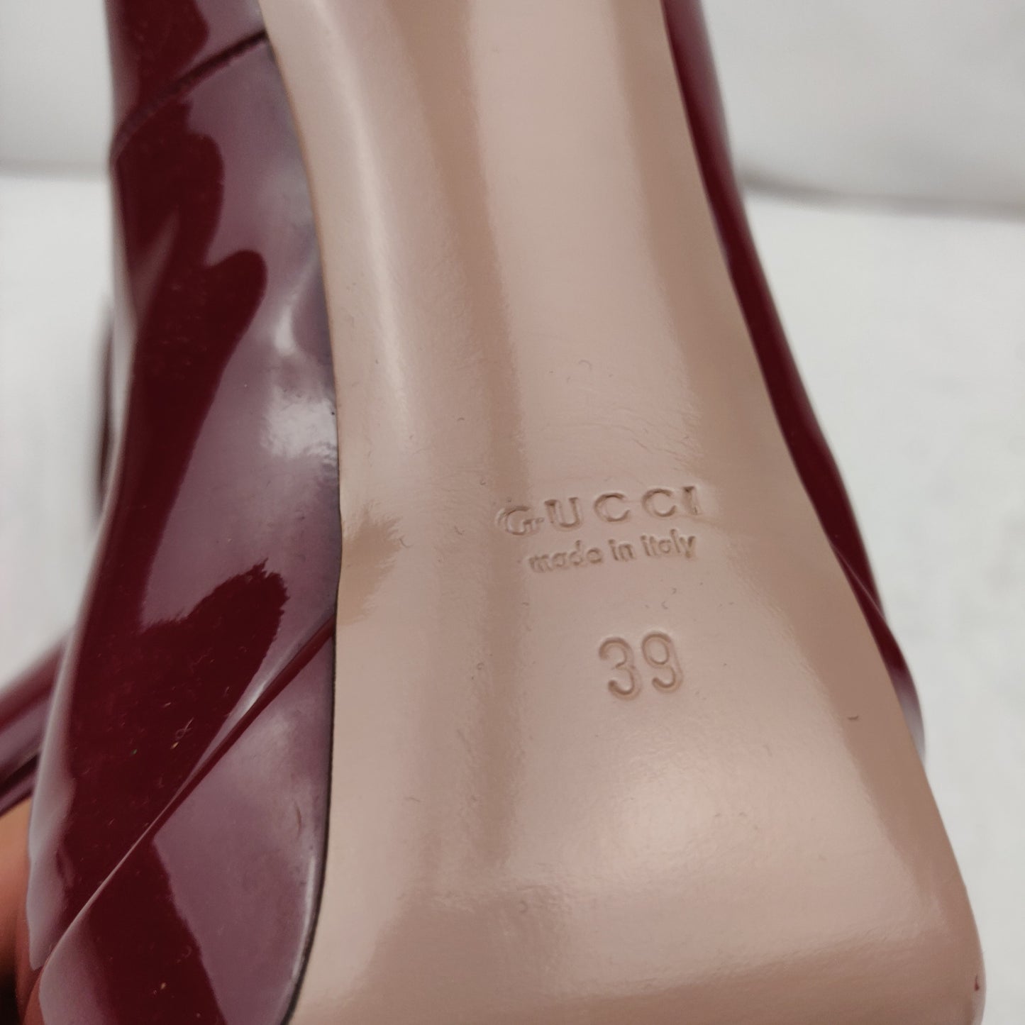 Gucci Lisbeth Burgundy Red Patent Leather Peep Toe Platform High Heels UK 6 EU 39