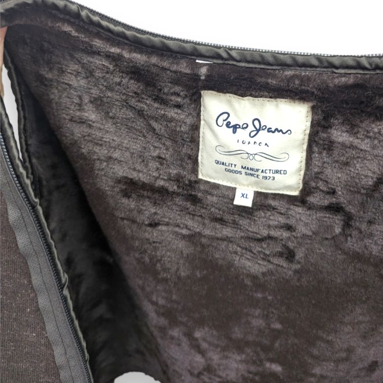 Pepe Jeans Vintage Fur Collar Brown Goat Leather Jacket Women Size XL