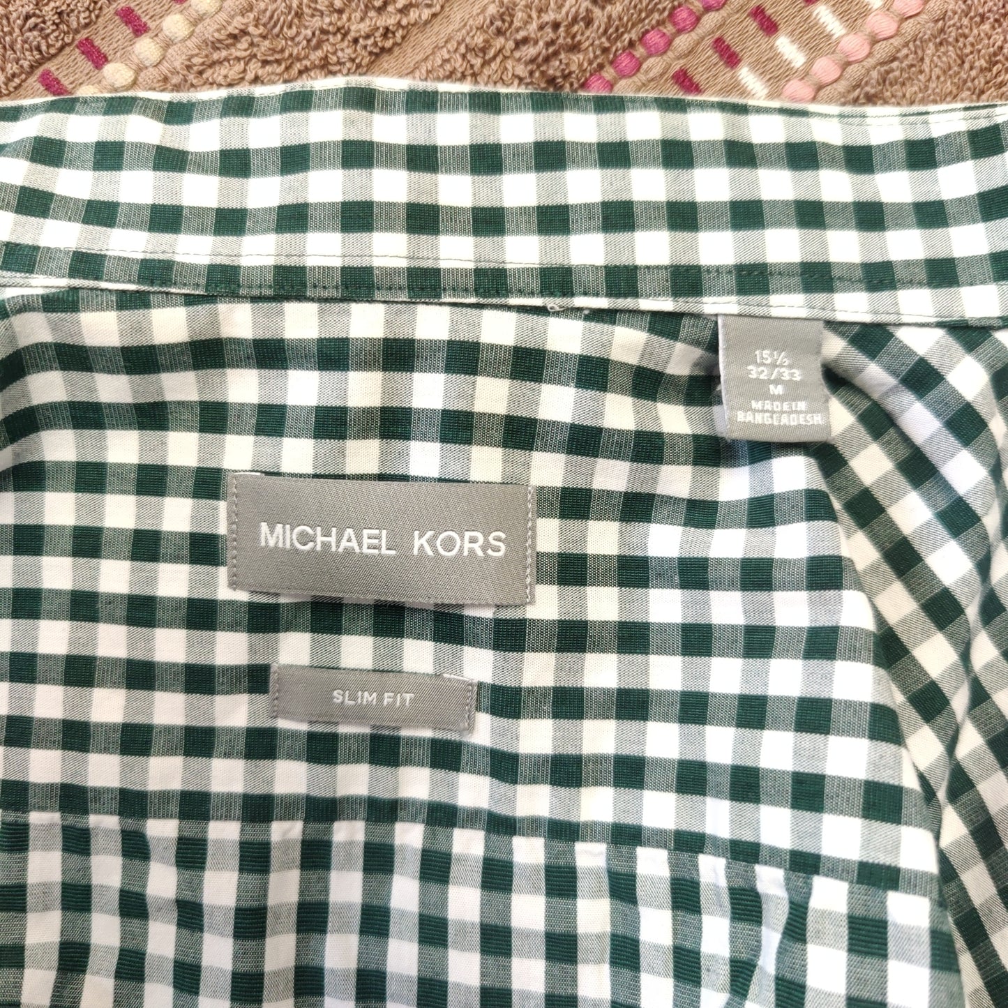 Michael Kors White Green Checkered Casual Button-Up Shirt Men Medium