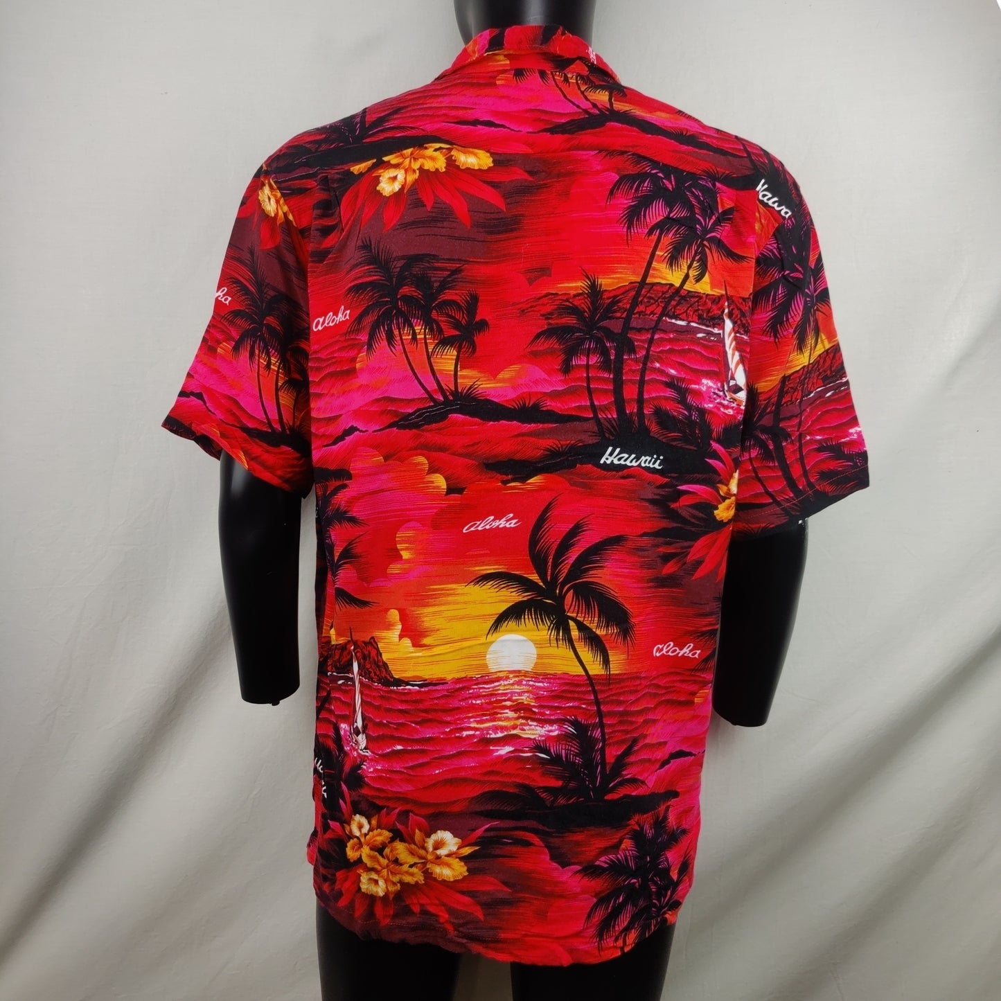 Aloha Hut Vintage Red Sunset Palm Trees Hawaiian Shirt Men Medium
