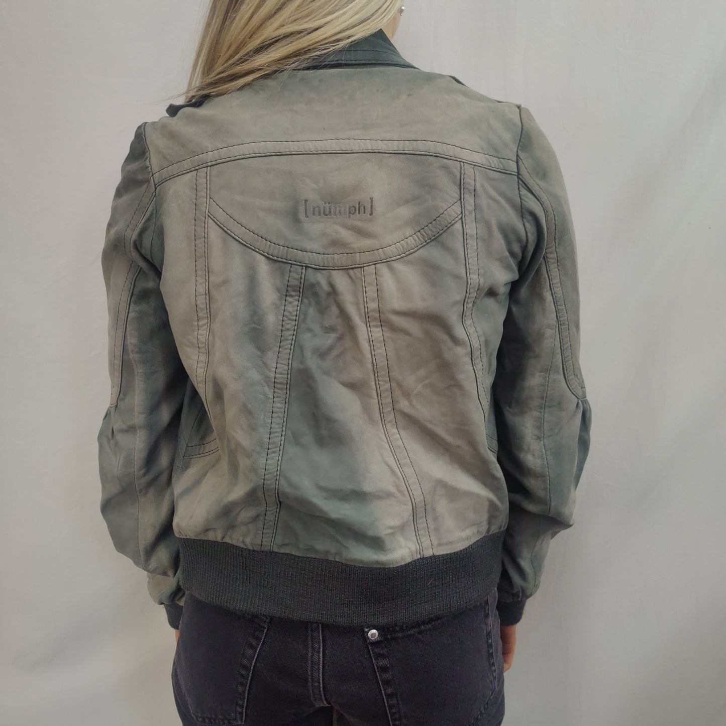 Numph Green Grey Bomber Leather Jacket Women Size Small