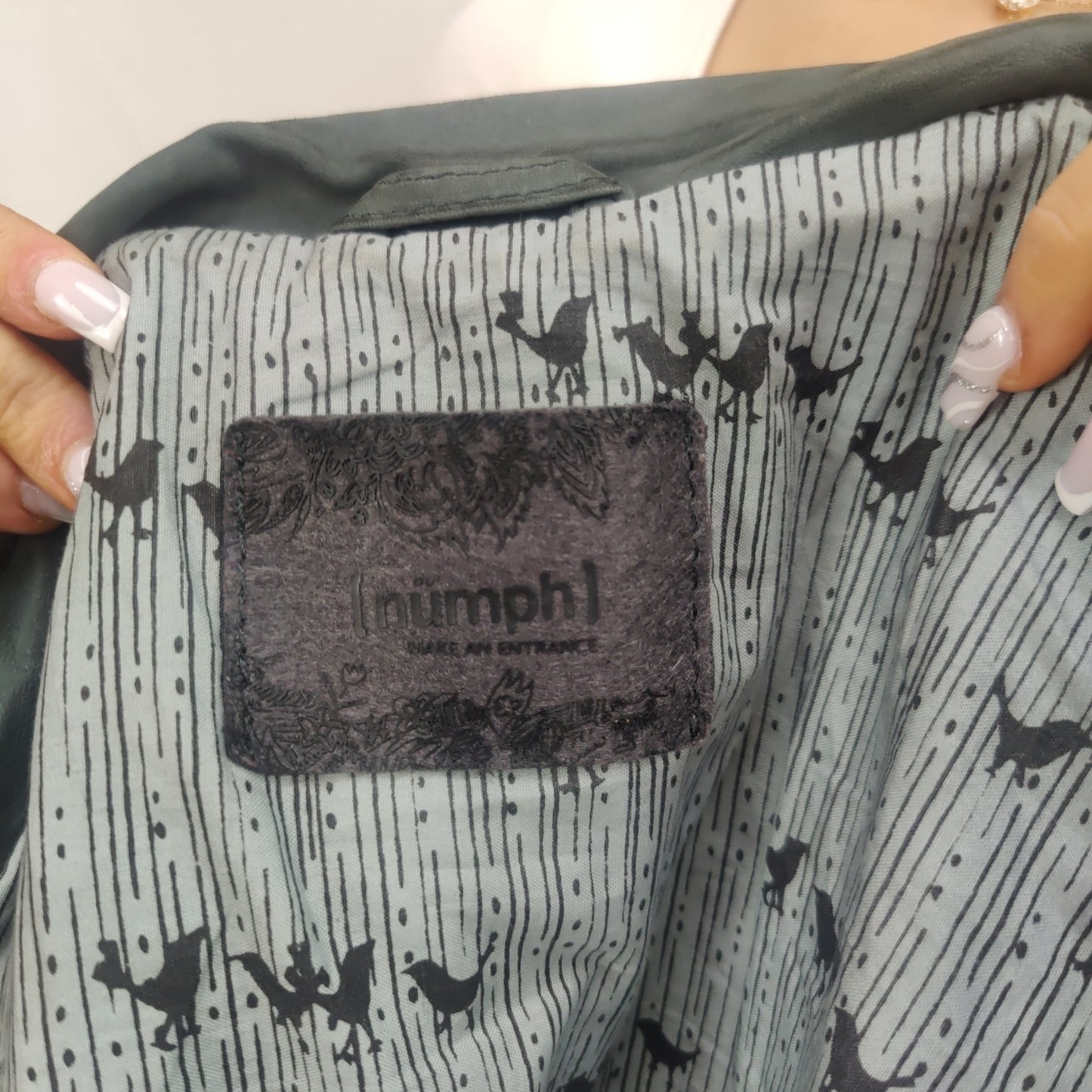 Numph Green Grey Bomber Leather Jacket Women Size Small