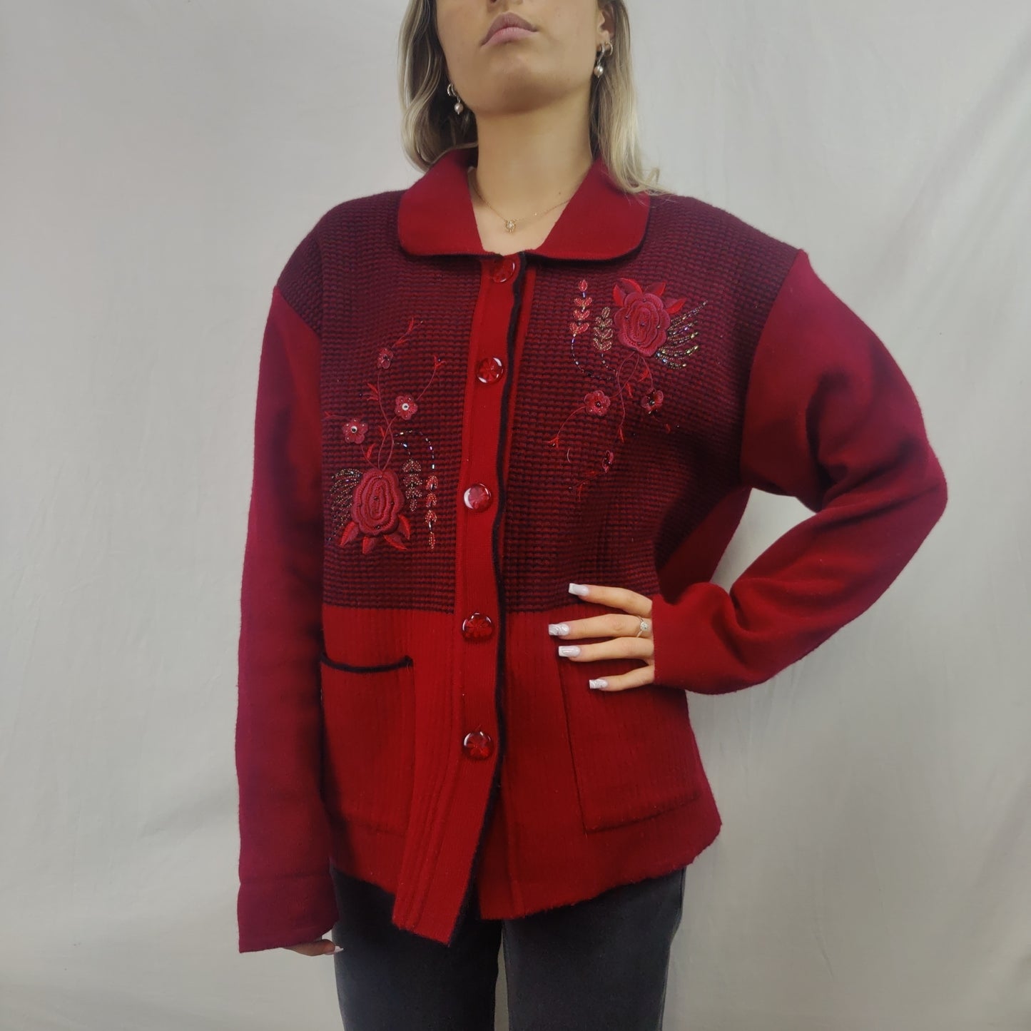 FRLENDLI Vintage Red Wool Cardigan Jumper Women Size Large