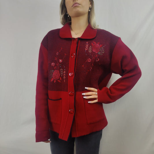 FRLENDLI Vintage Red Wool Cardigan Jumper Women Size Large