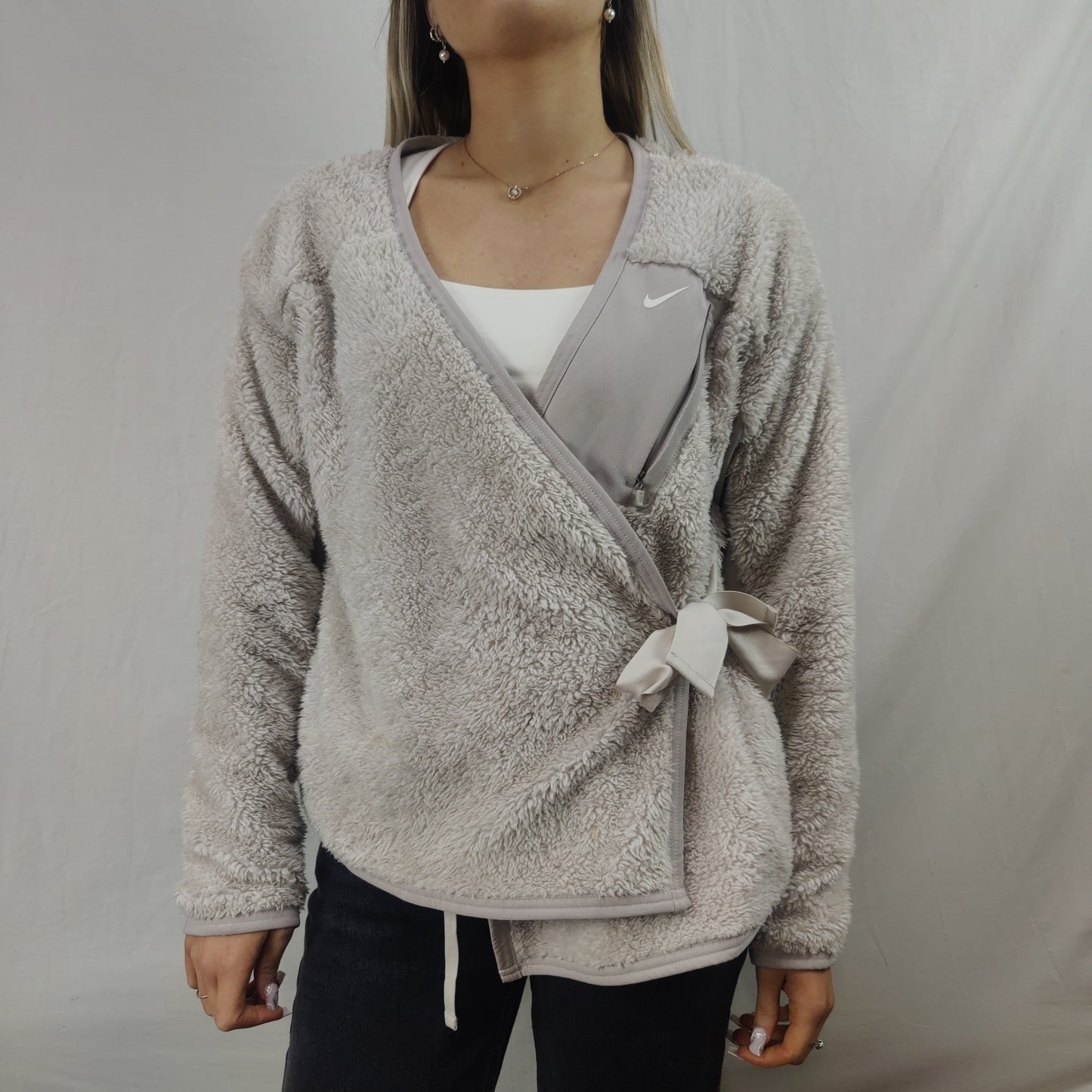 Nike Grey Sherpa Fleece Wrap Sweatshirt Cardigan Women Size XS