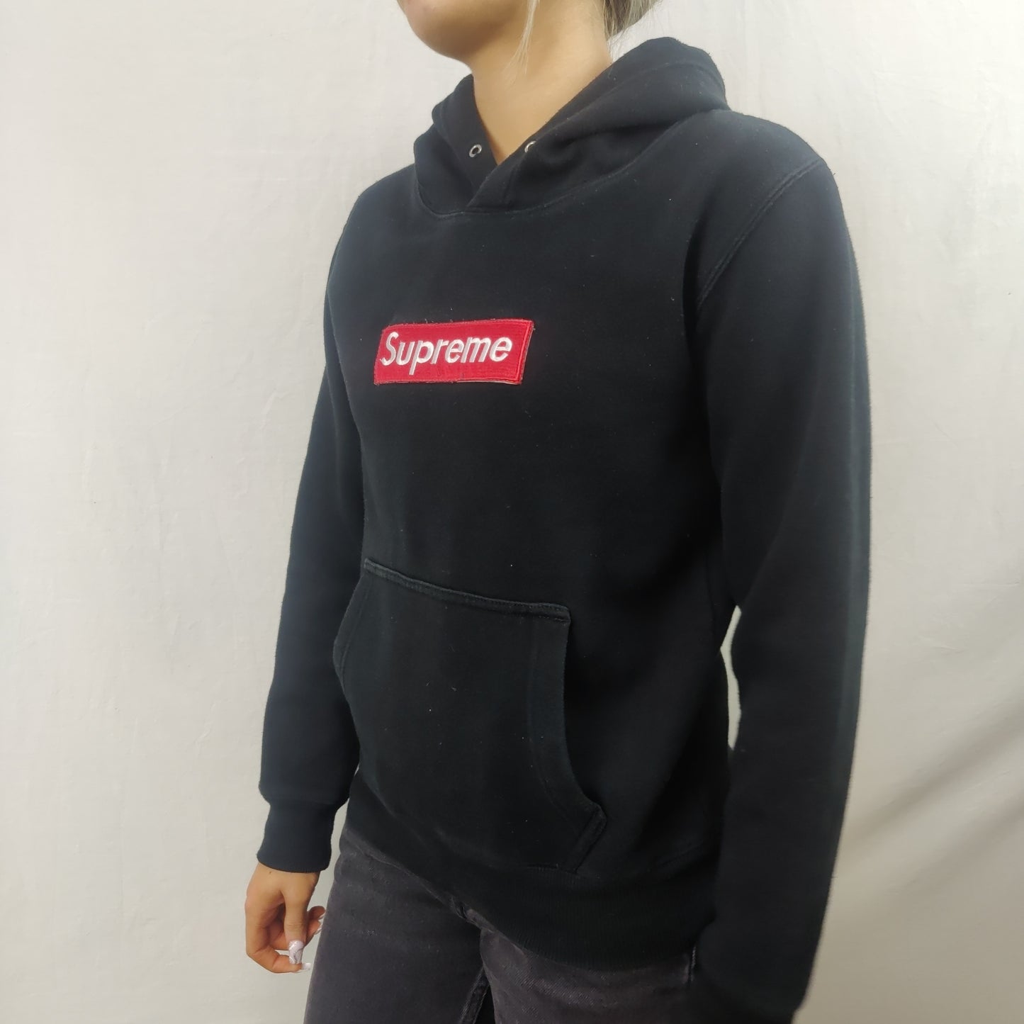 Supreme Black Embroidered Pullover Hoodie Women Size Small