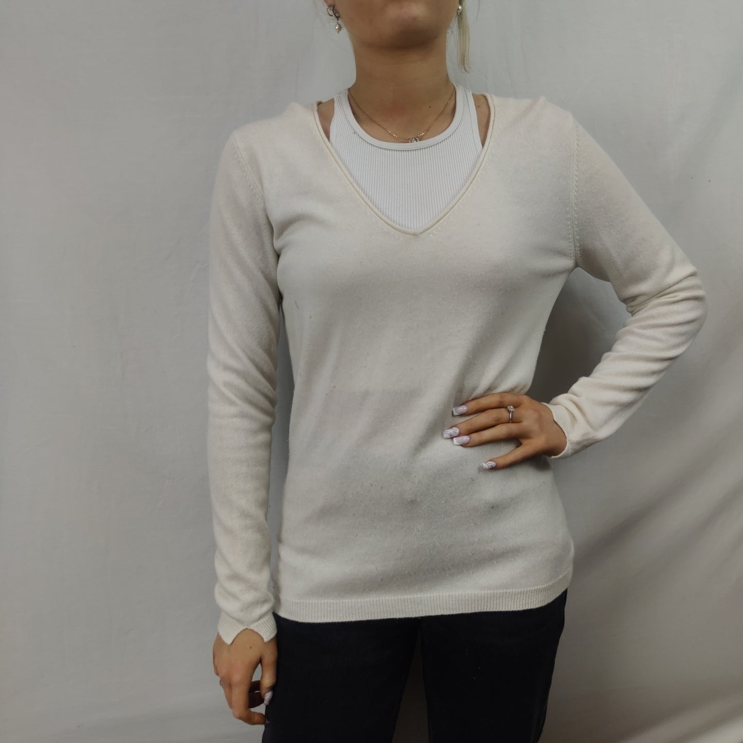 Massimo Dutti White 100% Cashmere V-Neck Jumper Sweater Women Medium
