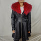 Mexton Black Faux Leather Red Fur Collar Overcoat Jacket Women Medium