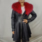 Mexton Black Faux Leather Red Fur Collar Overcoat Jacket Women Medium