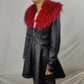 Mexton Black Faux Leather Red Fur Collar Overcoat Jacket Women Medium