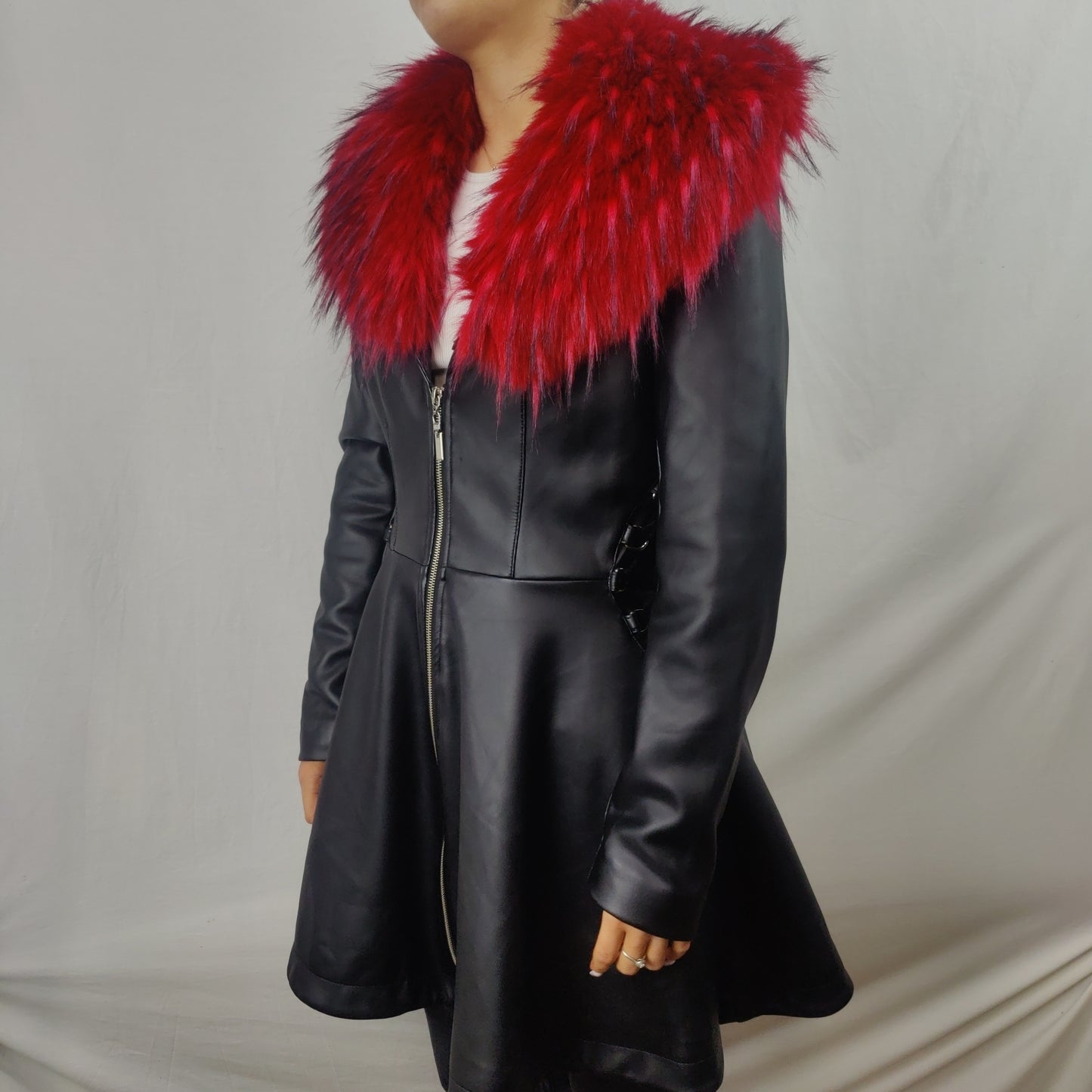 Mexton Black Faux Leather Red Fur Collar Overcoat Jacket Women Medium