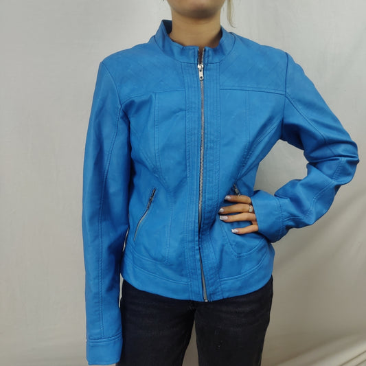 Vero Moda Blue Motorcycle Biker Faux Leather Jacket Women Size Large NWT