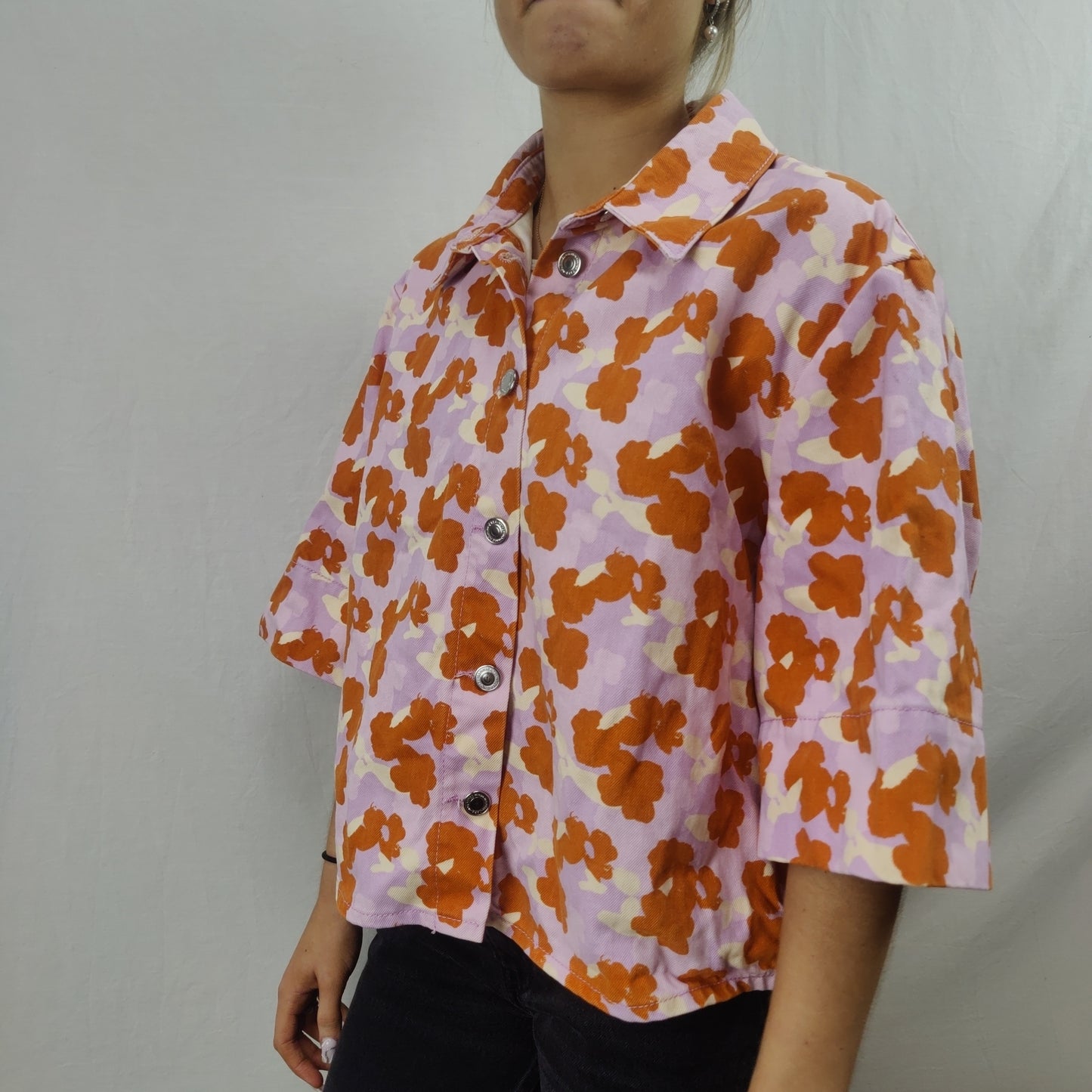 Zara Orange Pink Floral Half Sleeve Denim Jacket Women Size Large