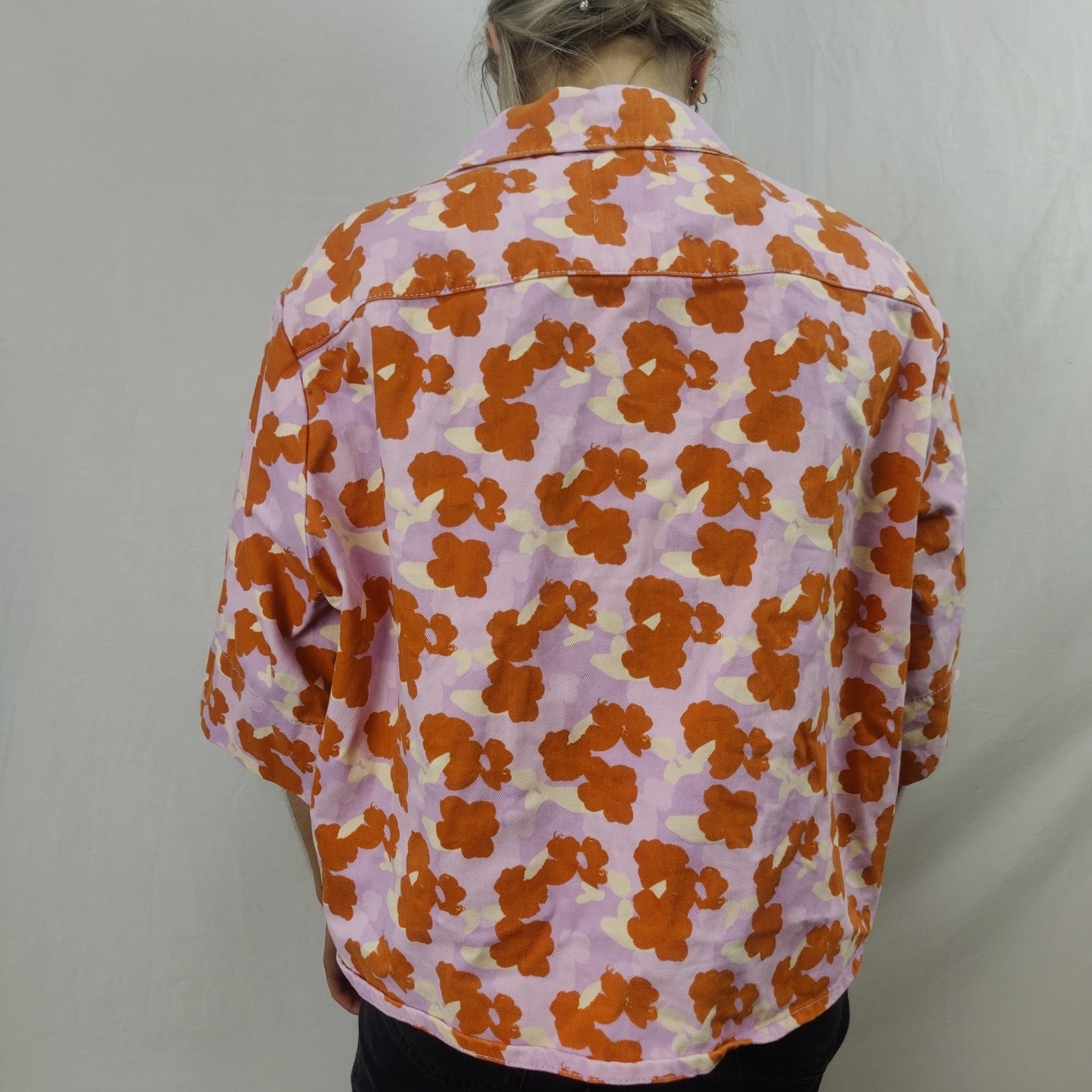 Zara Orange Pink Floral Half Sleeve Denim Jacket Women Size Large