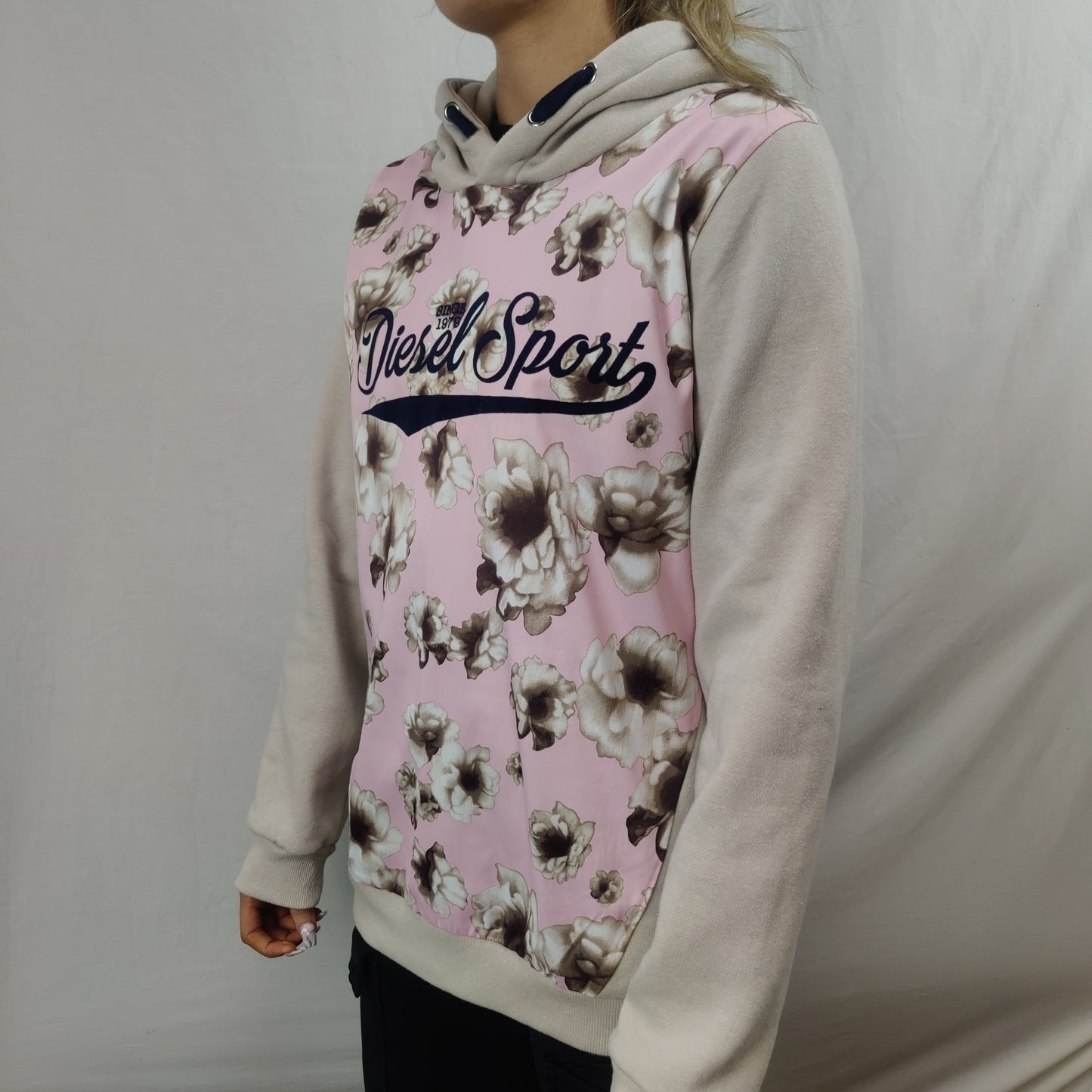 Diesel Spirit Vintage Pink/Grey Floral Pullover Hoodie Women Size Large