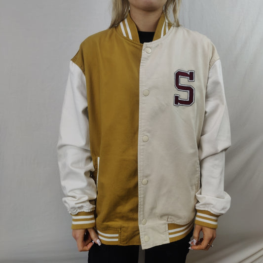 Bershka Peanuts White/Yellow Denim Varsity Jacket Women Size Small