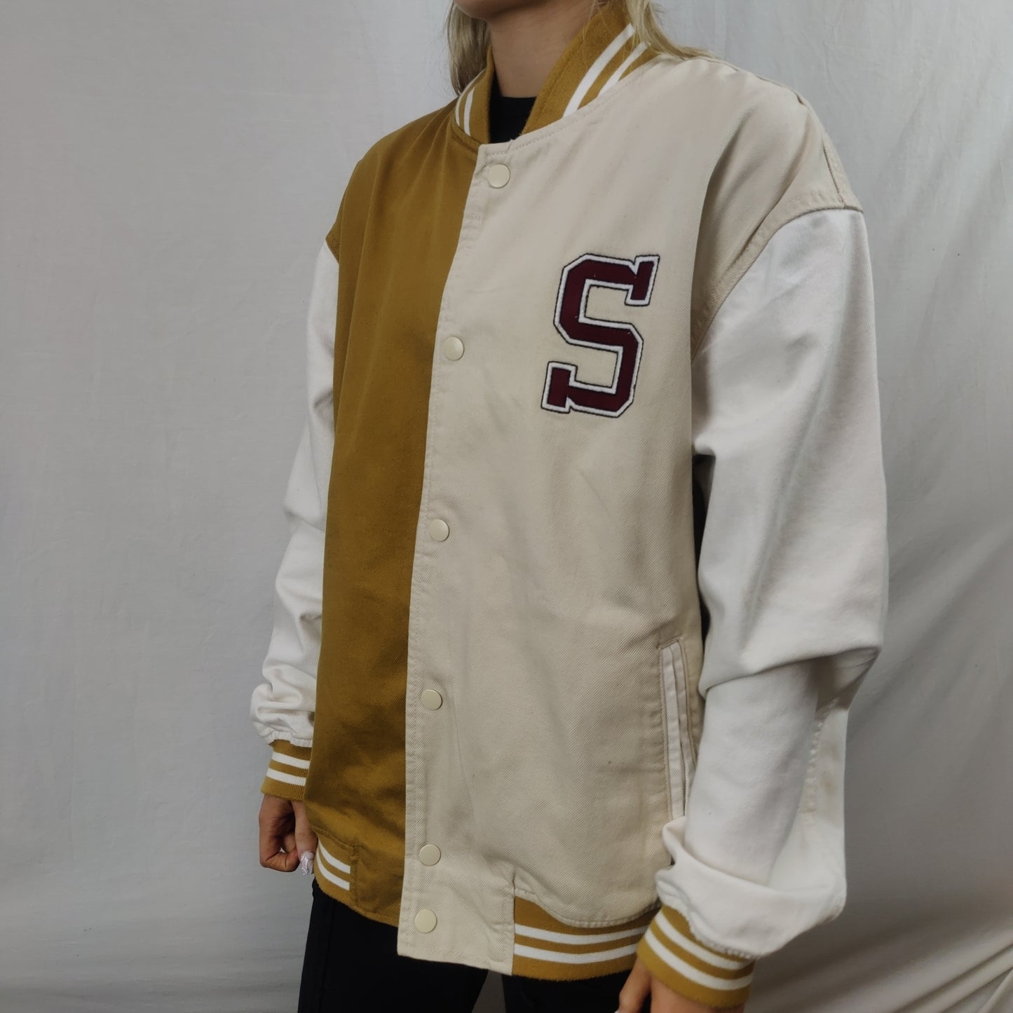 Bershka Peanuts White/Yellow Denim Varsity Jacket Women Size Small