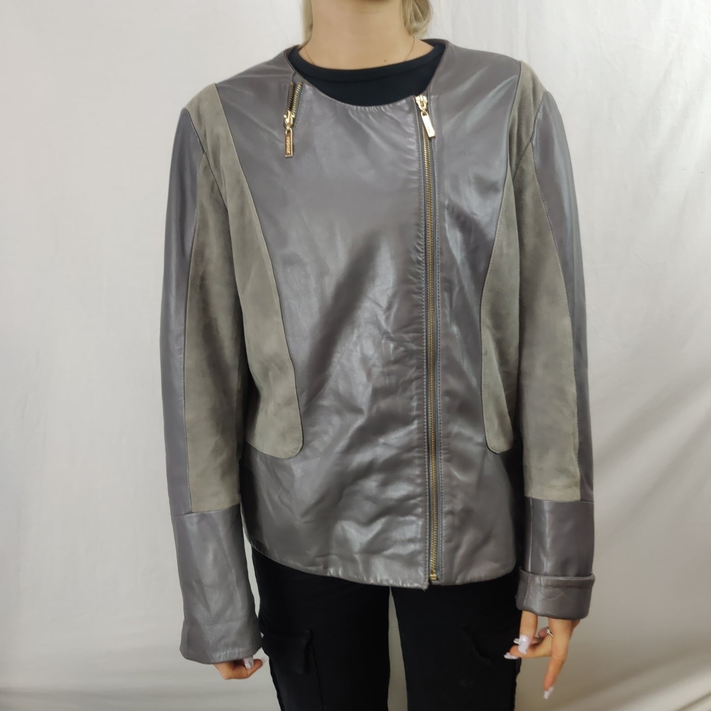 Zendra Vintage Grey Motorcycle Biker Jacket Women Size XL