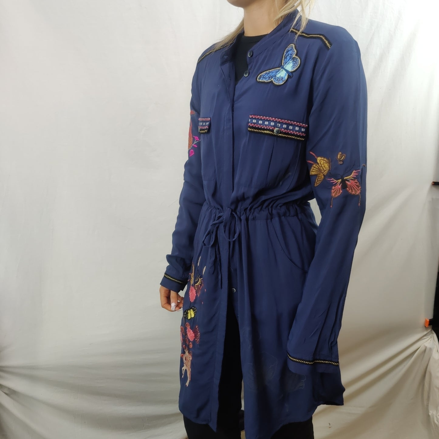 Desigual Blue Cotton Embroidered Shirt Dress Women Size Medium