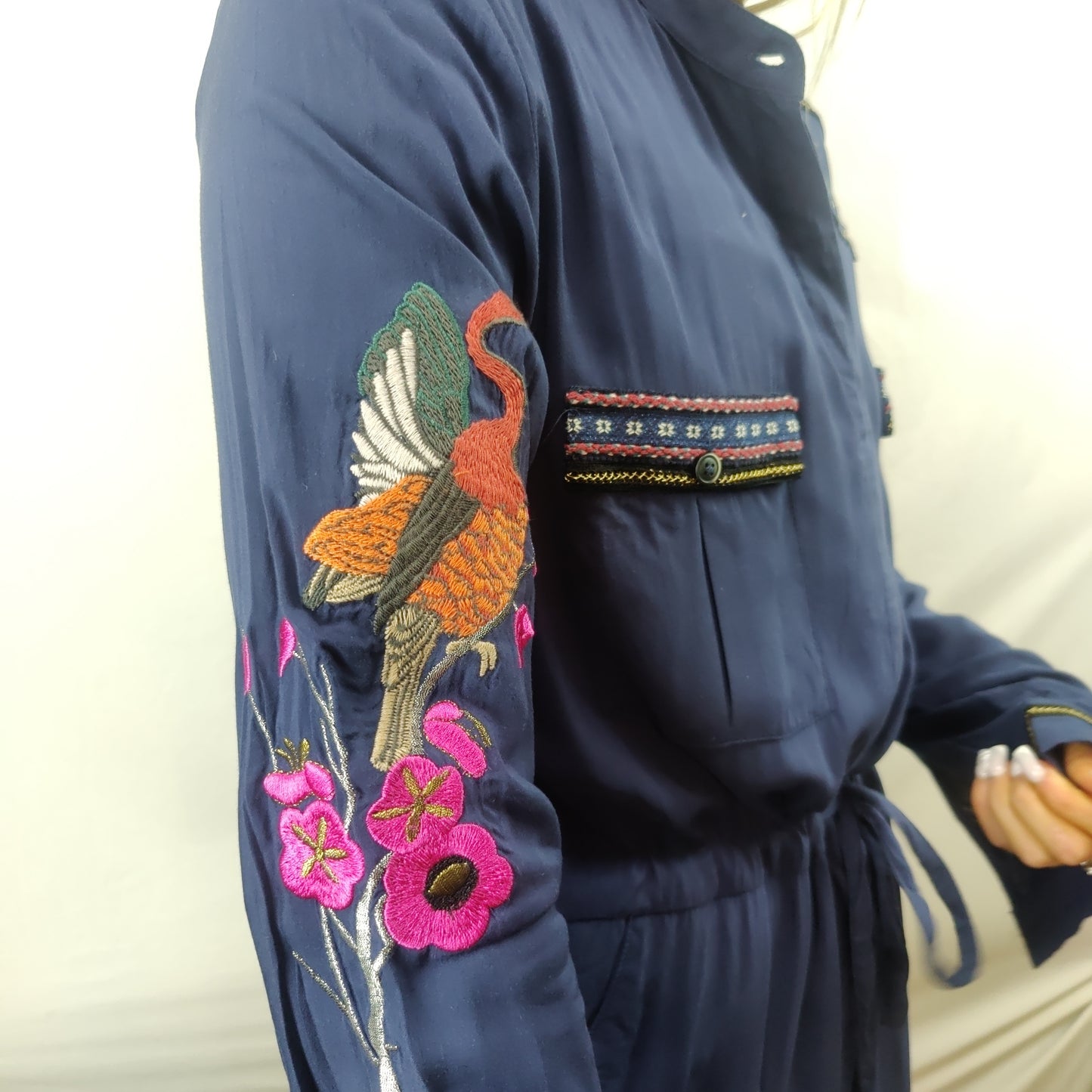 Desigual Blue Cotton Embroidered Shirt Dress Women Size Medium