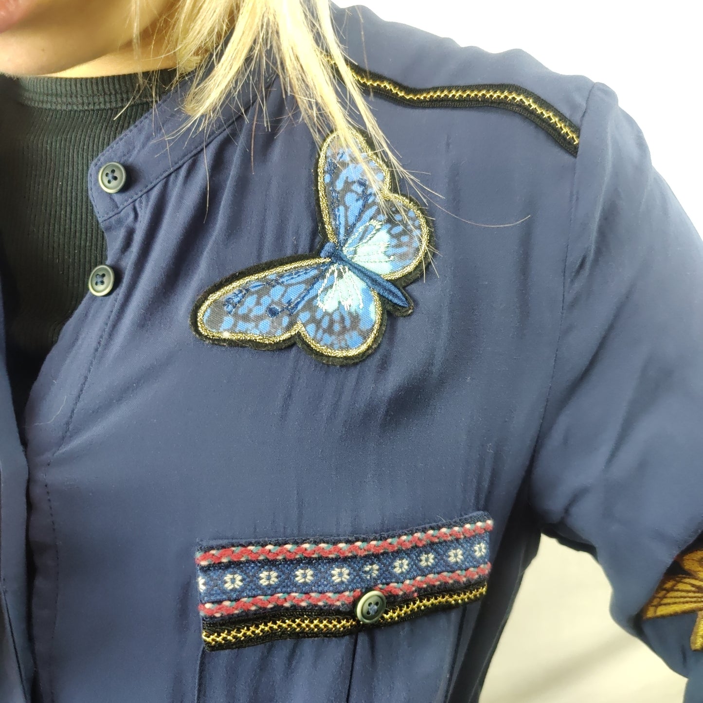 Desigual Blue Cotton Embroidered Shirt Dress Women Size Medium