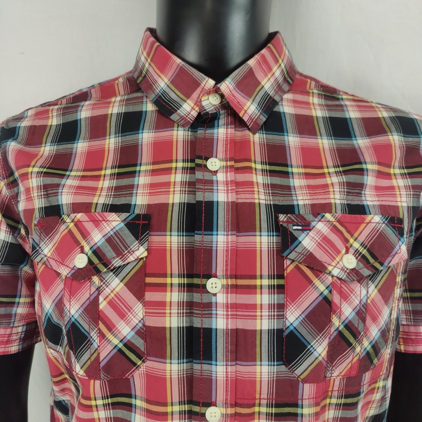 Tommy Hilfiger Vintage Red Checkered Short Sleeve Casual Shirt Men Medium