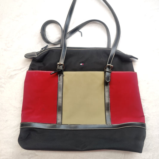 Tommy Hilfiger Black Red Gold Leather Tote Shoulder Bag Hand Bag Women