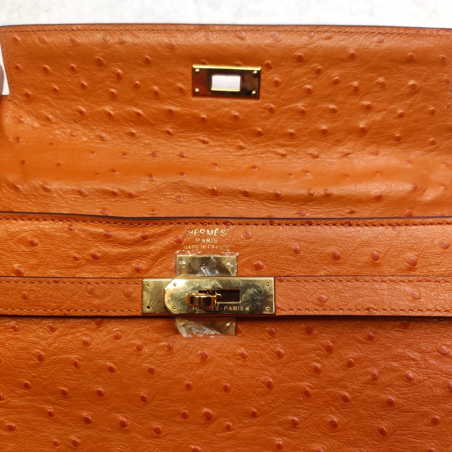 Hermes Kelly Sellier Ostrich 28 Leather Tangerine Orange Satchel Handbag