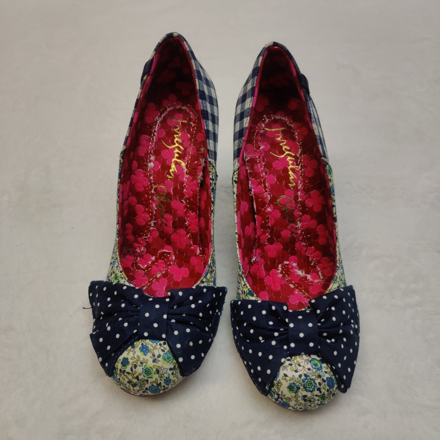 Irregular Choice 39 Blue Gingham Plaid Polka Dot Court Heels Women UK 5 EU 38