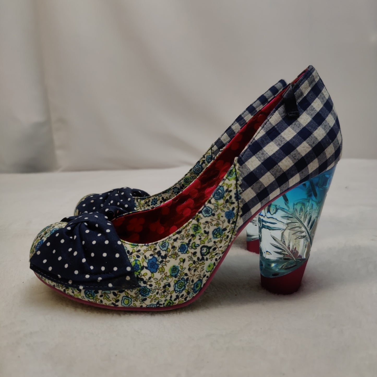 Irregular Choice 39 Blue Gingham Plaid Polka Dot Court Heels Women UK 5 EU 38