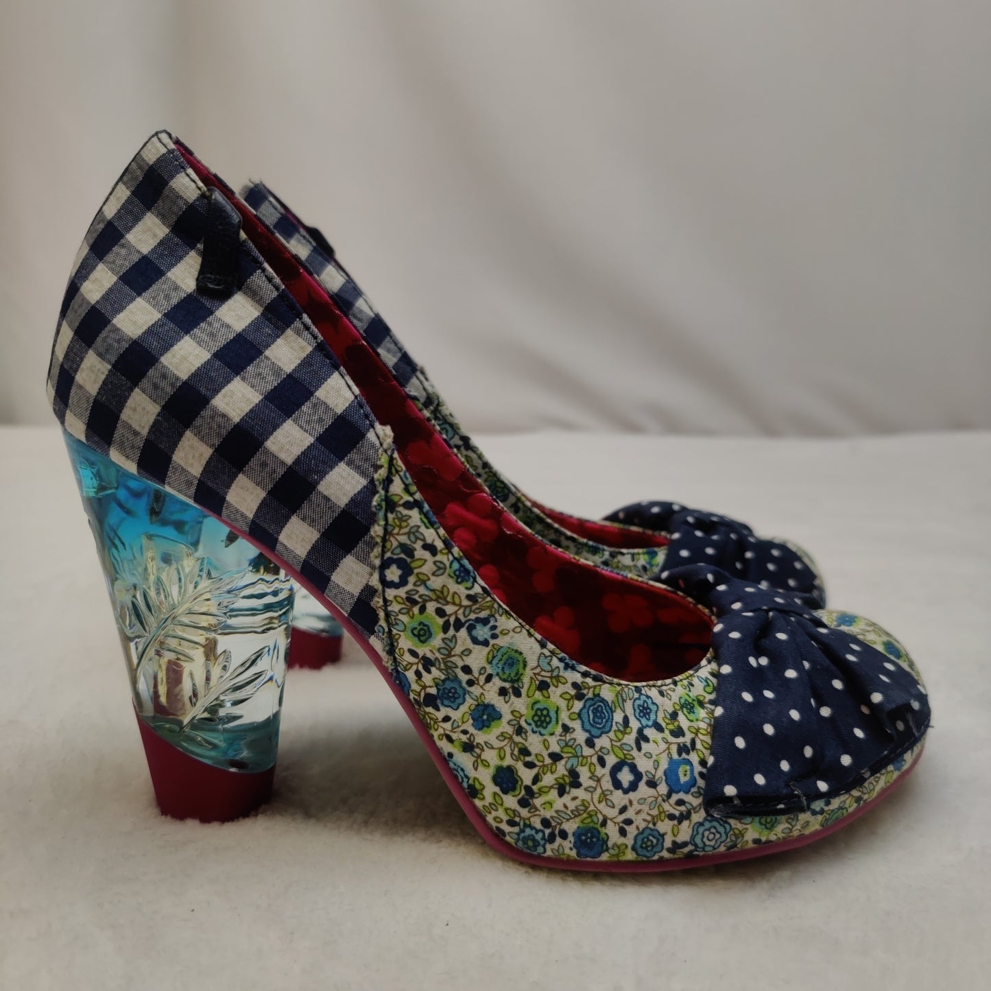 Irregular Choice 39 Blue Gingham Plaid Polka Dot Court Heels Women UK 5 EU 38