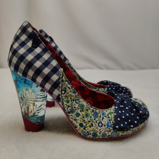 Irregular Choice 39 Blue Gingham Plaid Polka Dot Court Heels Women UK 5 EU 38