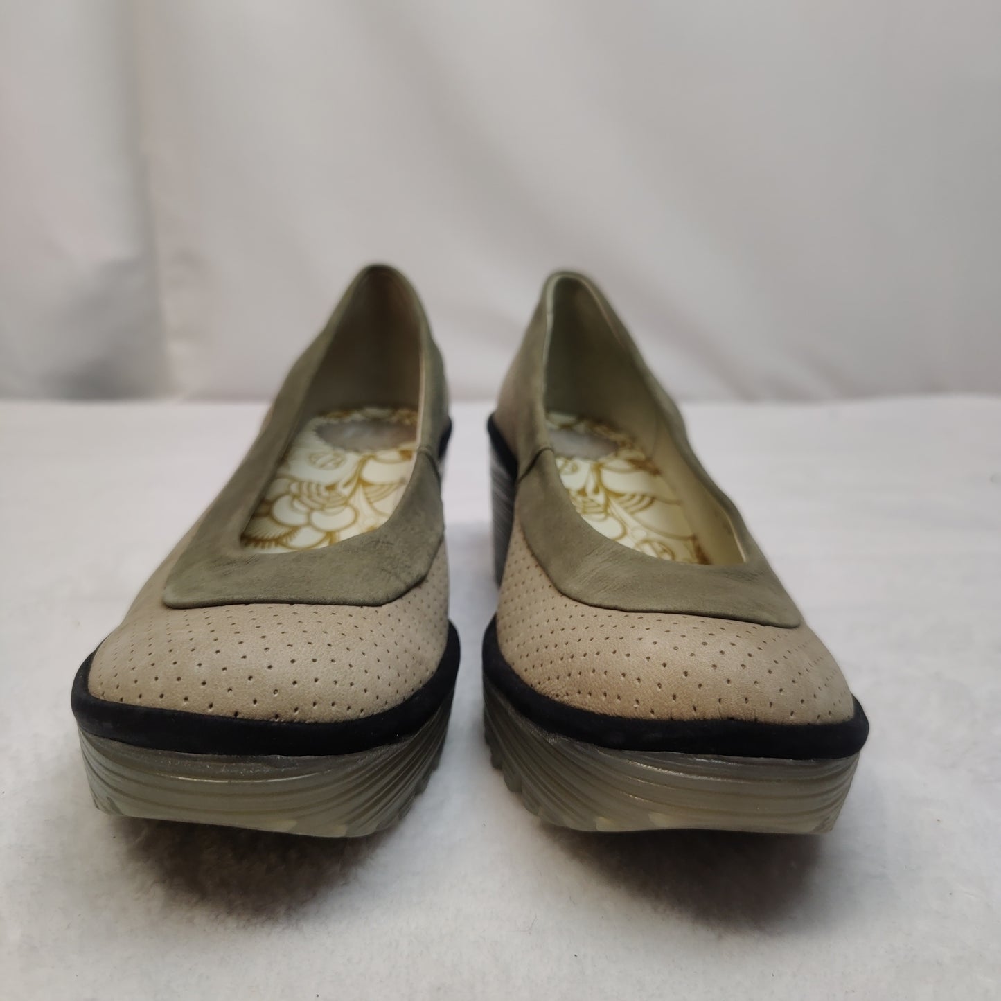 Fly London Yoko Perf Wedges Beige Slip On Comfort Shoes Women UK 6 EU 39