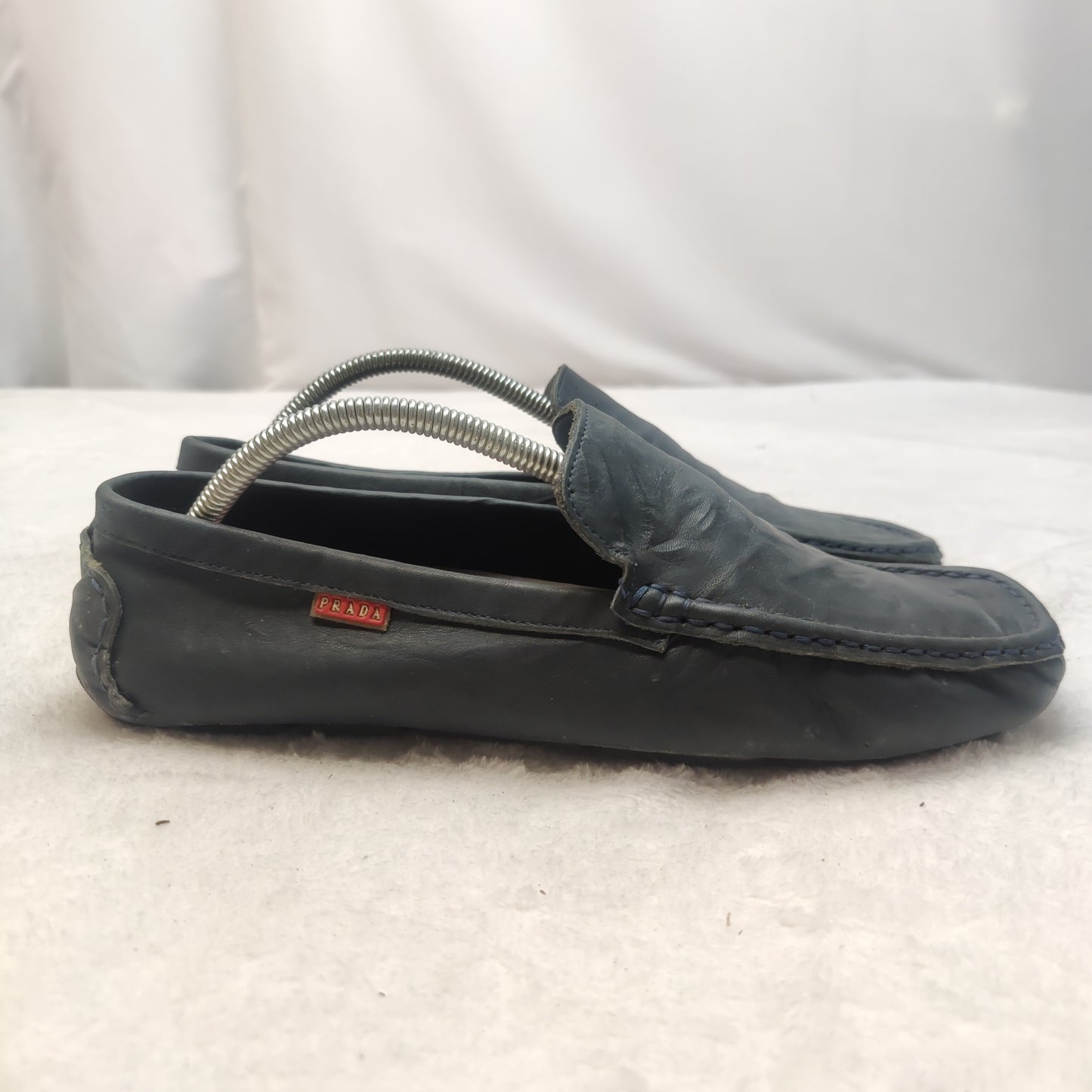 Prada Vintage Navy Blue Leather Moccasin Loafer Casual Shoes Size UK 8 EU 42