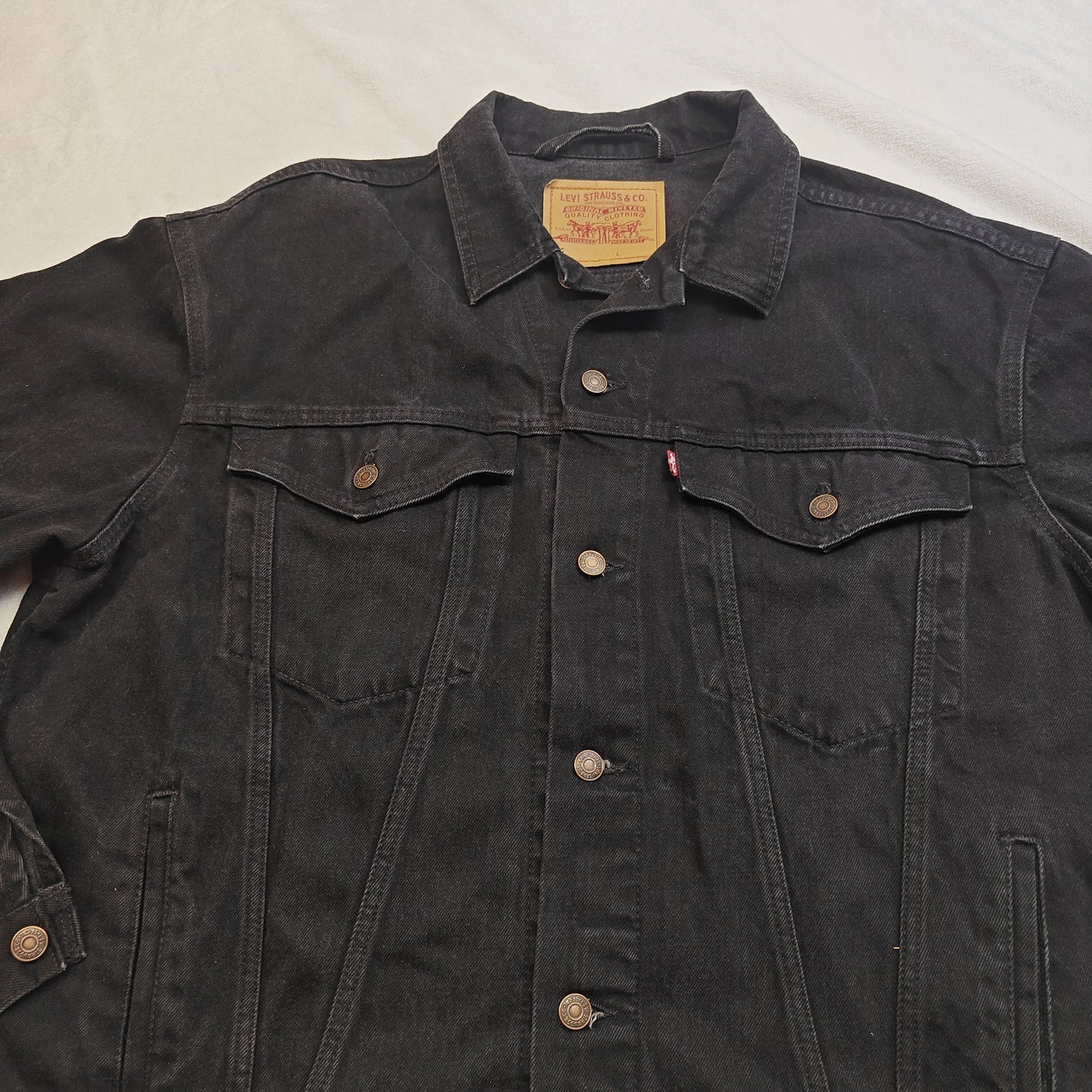 Levi’s Premium Black Trucker Jacket Stretch Denim Button Up Men Size Large