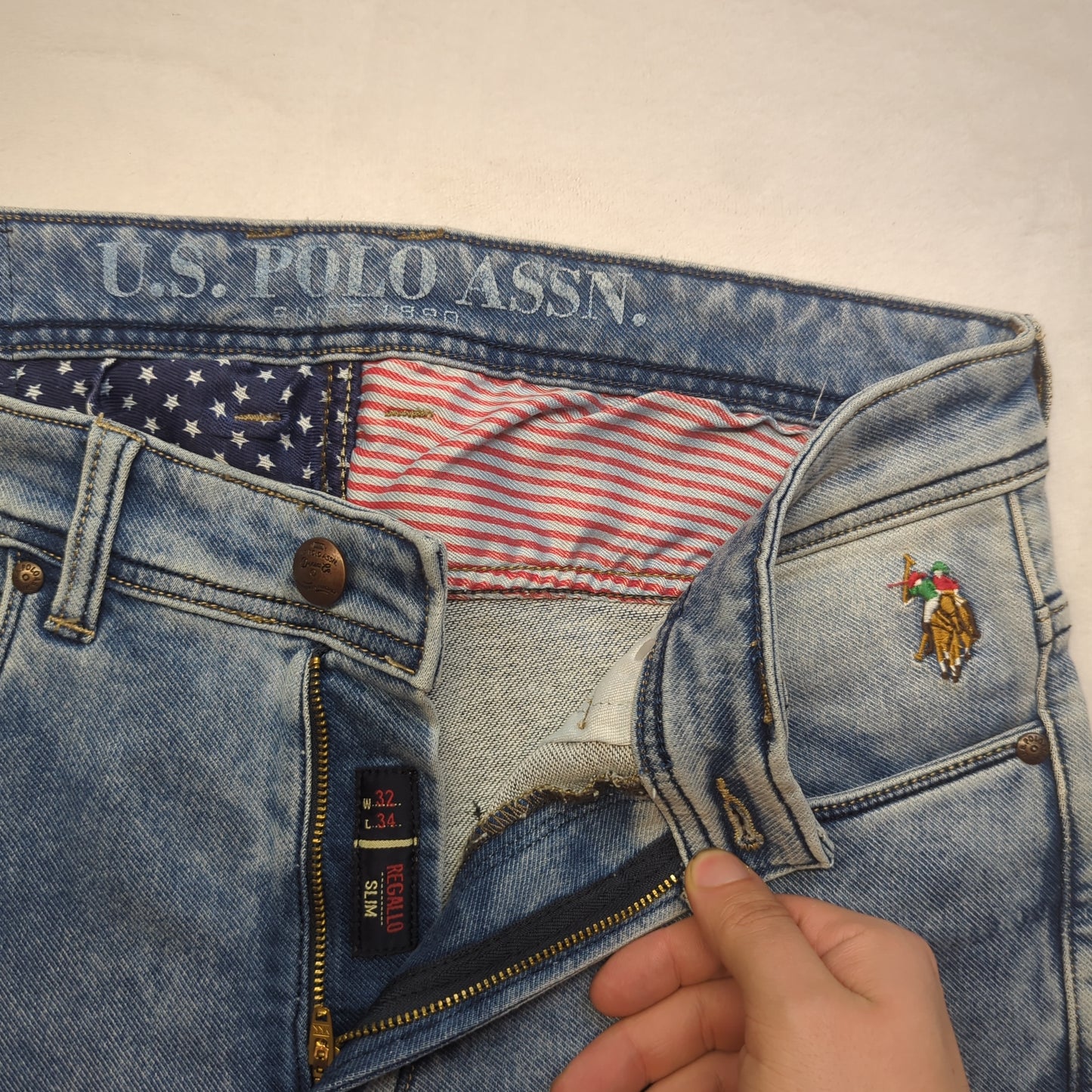 U.S Polo Assn Regular Slim Fit Acid Wash Blue Denim Jeans Men W32/L32