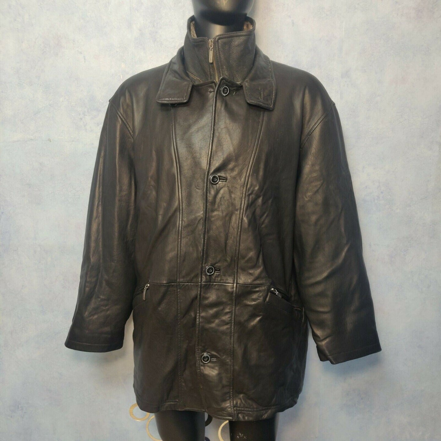 Trapper Vintage Black Leather Fur Trim Jacket Overcoat Men Size XL