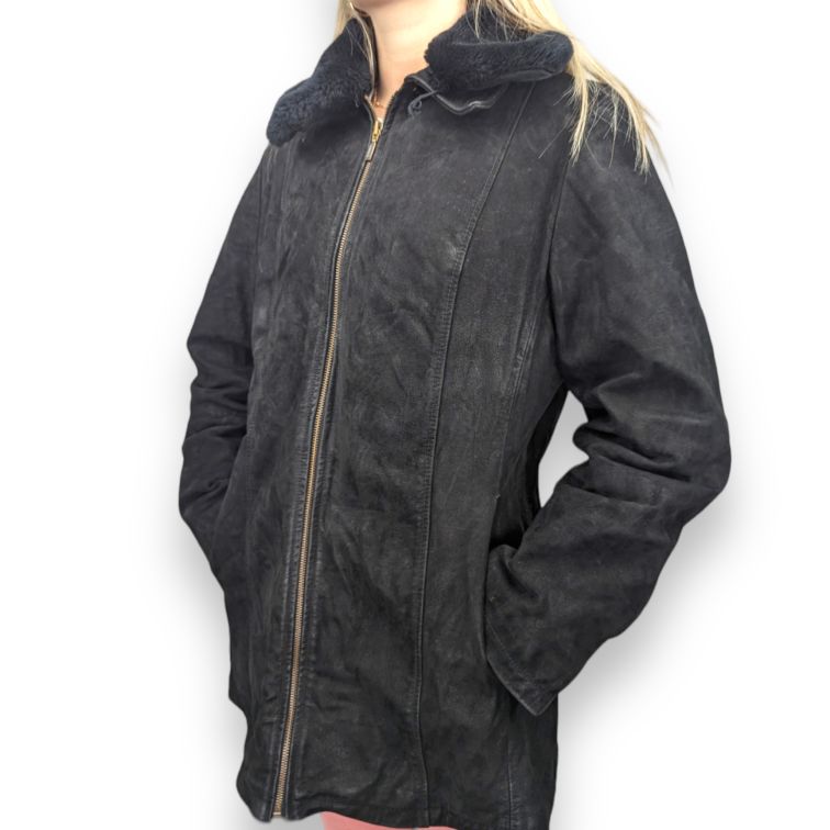Vintage Black Zip Up Fur Collar Genuine Leather Jacket Coat Women Size UK 14
