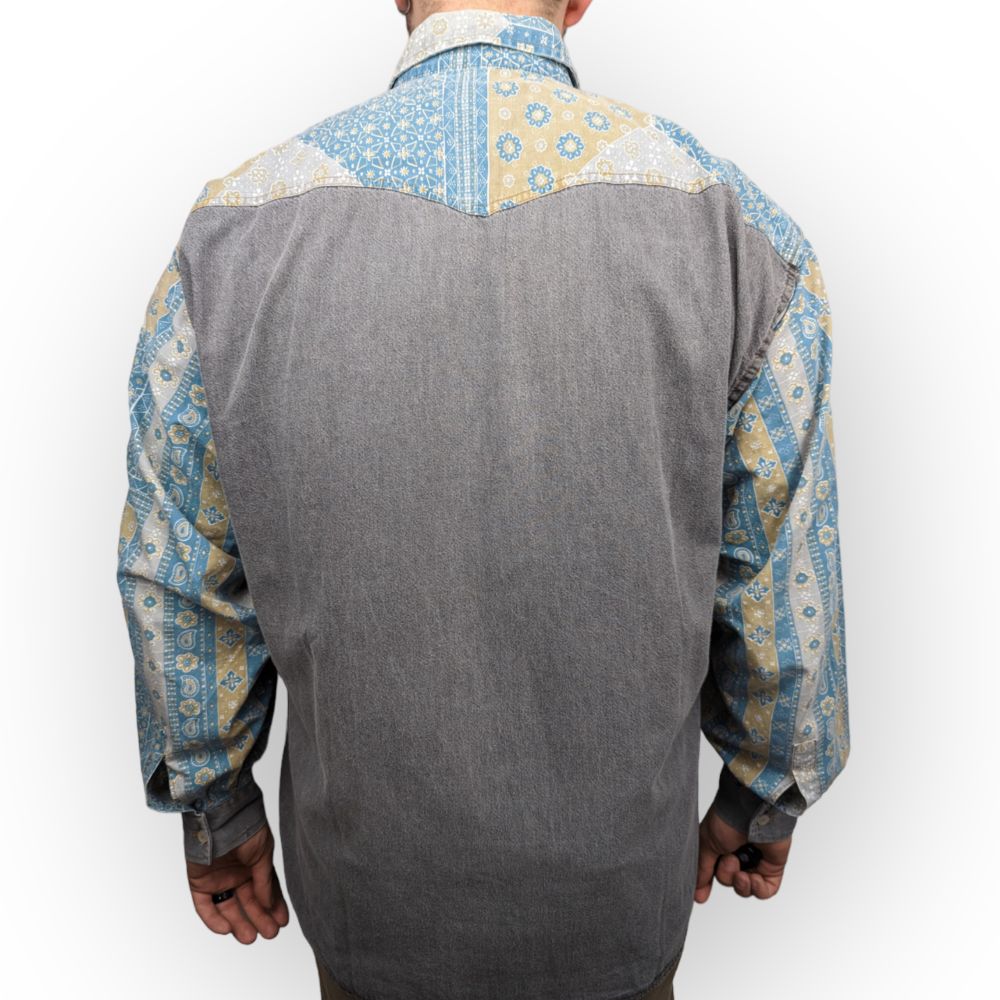 Eclectic Vintage Blue Grey Geometric Floral Denim Shirt Men Size Large