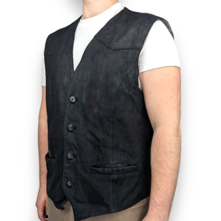 Hide Park Vintage Black Real Leather Vest Waistcoat Men Size XL