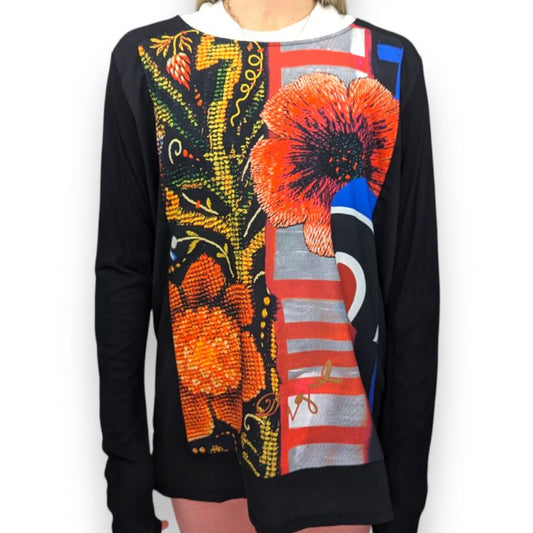 Desigual Christain Lacroix Black Long Sleeve Poppy Print Blouse T-shirt Women XL