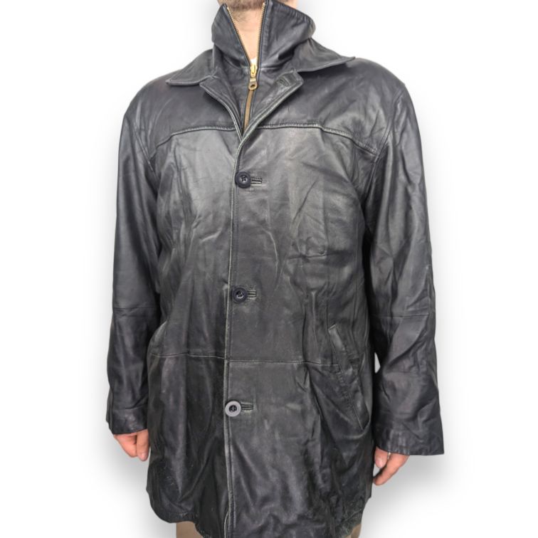 Jabbari Vintage Black Button Collar Real Leather Jacket Coat Men Size XL