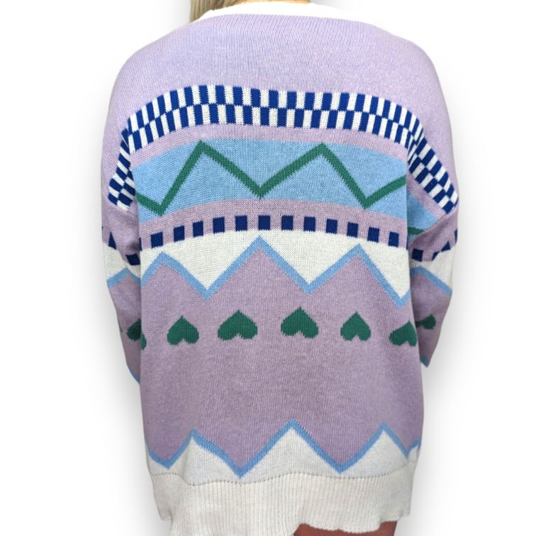 Vintage Love Heart Pattern Purple Knitted Sweater Cardigan Women Size Medium