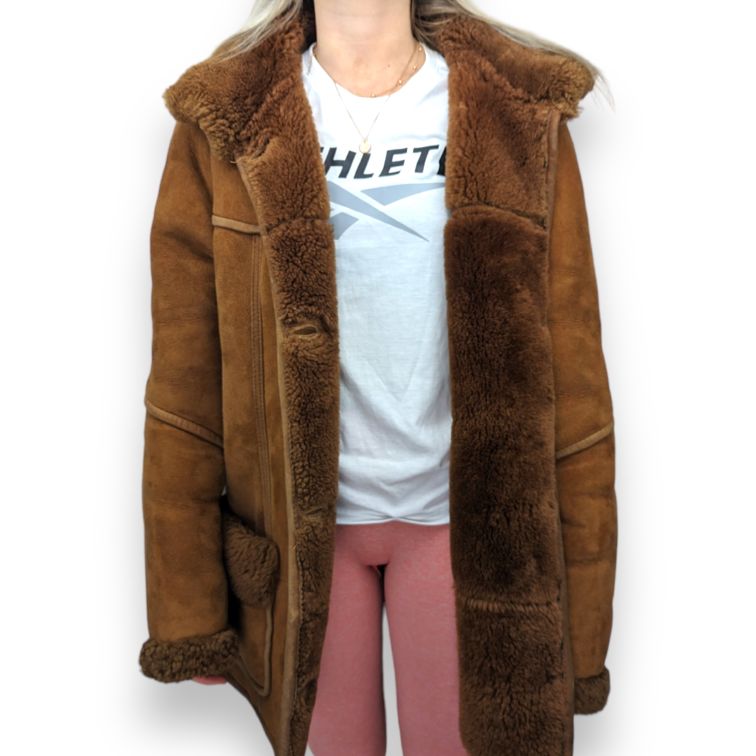 Roza Vintage Brown Button Fur Lined Suede Leather Long Coat Women Size Large
