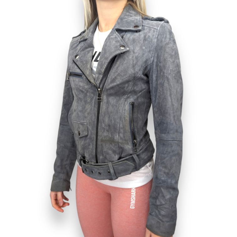 Review Vintage Grey Biker Suede Leather Jacket Women Size Small