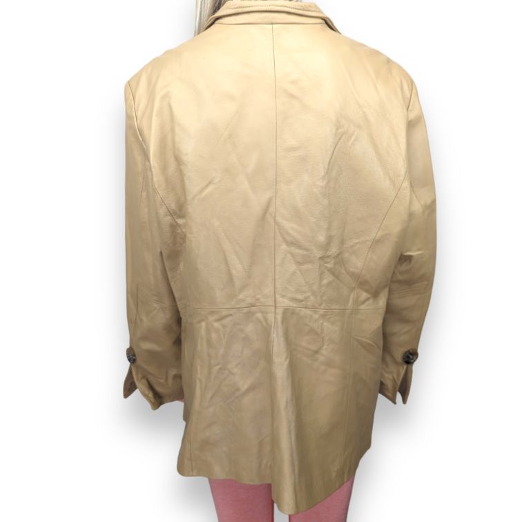 Jerry Lewis Vintage Beige Button Up Genuine Leather Long Coat Jacket Women XL