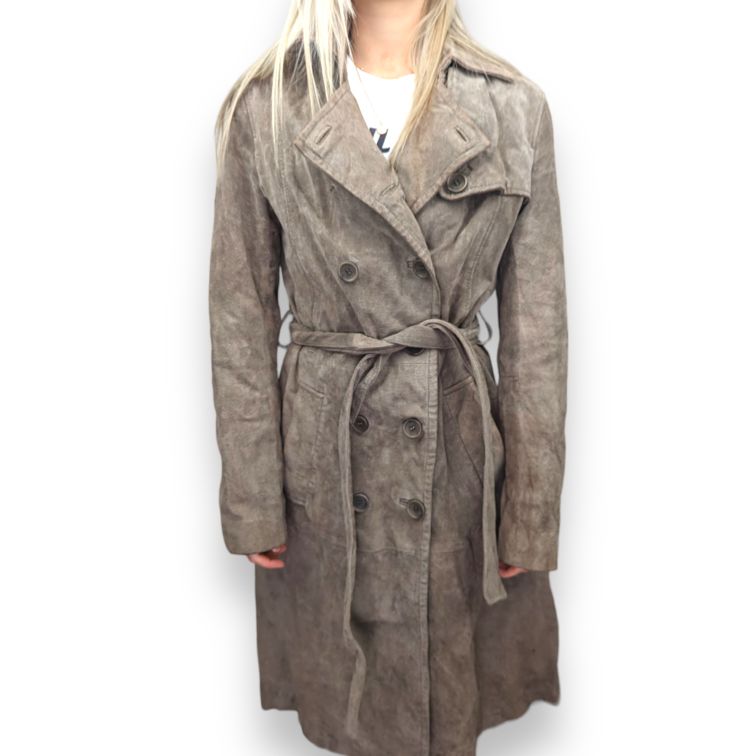 Savida Beige Buttons Suede Leather Trench Coat Women Size UK 12
