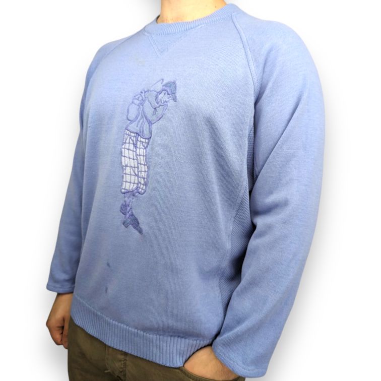 Vintage Blue Golf Player Embroidered Crew Neck Pullover Jumper Men Size XL