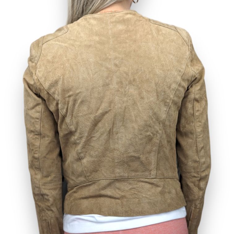 MNG Beige Pig Skin Suede Leather Biker Jacket Women Size Small