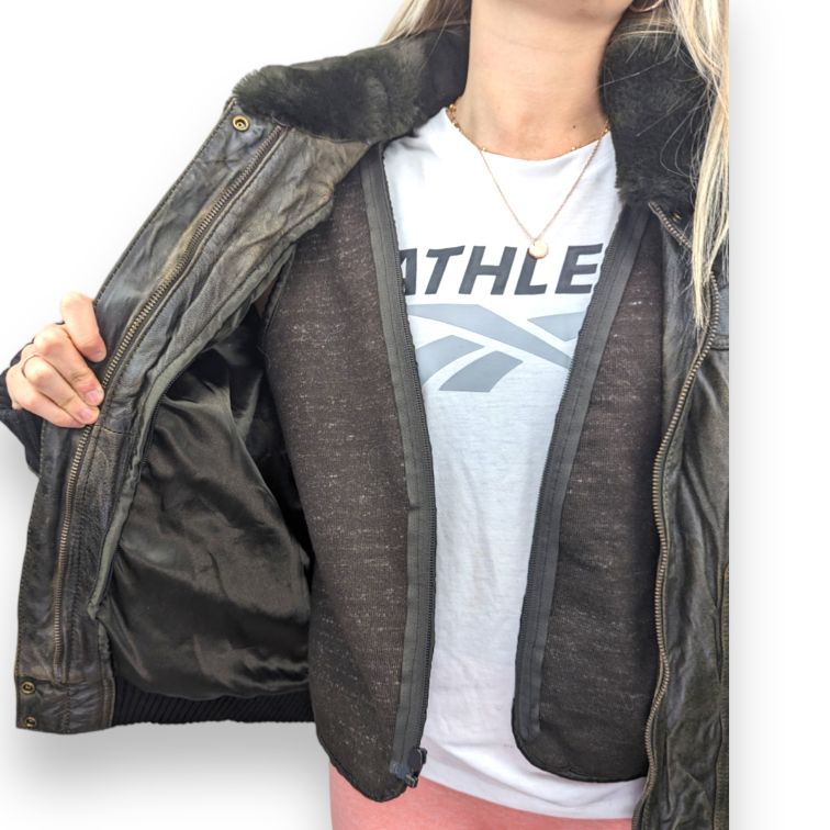 Pepe Jeans Vintage Fur Collar Brown Goat Leather Jacket Women Size XL